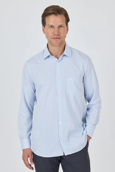 Beyaz-Mavi Uzun Kol Çizgili Desen Bez Ayağı Sert Yaka cepli Pamuklu Classic Comfort Fit Gömlek 1004250179 - Resim 3