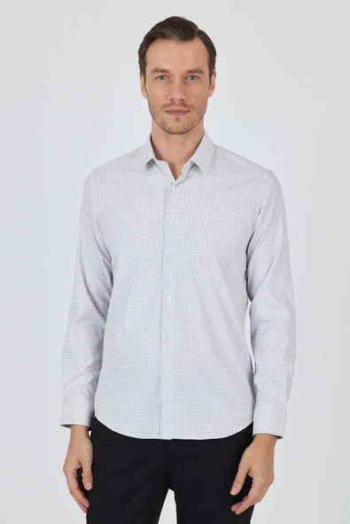 Beyaz-Gri Sert Yaka Cepsiz Gabardin Uzun Kol Slim Fit Esnek Gömlek 1004250232 ürün görseli