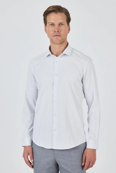 Uzun Kol Çizgili Desen Bez Ayağı İtalyan Yaka Cepsiz Esnek Classic Slim Fit Gömlek 1004250202