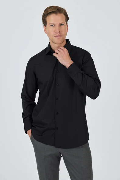 Siyah Klasik Yaka Uzun Kol Cepsiz Comfort Fit Classic Pamuklu Gömlek Gömlek 1004250287 - Resim 3