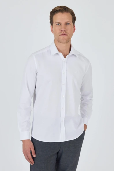 Uzun Kol Desenli Armürlü Sert Yaka Cepsiz Pamuklu Classic Slim Fit Gömlek 1004250185 - Resim 2