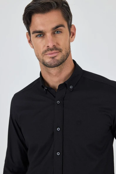 Uzun Kol Düz Bez Ayağı Düğmeli Yaka Cepsiz Pamuklu Casual Slim Fit Gömlek 1004250212 - Resim 4
