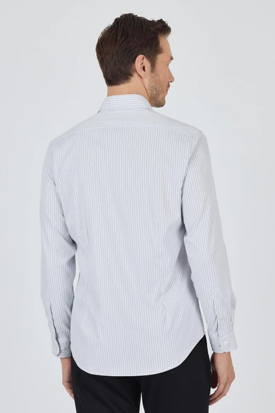Uzun Kol Çizgili Desen Bez Ayağı Sert Yaka Cepsiz Esnek Classic Slim Fit Gömlek 1004250159 - Resim 5