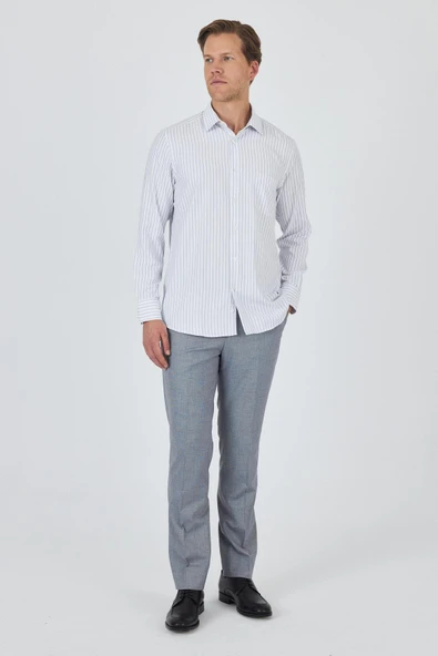 Uzun Kol Çizgili Desen Bez Ayağı Sert Yaka cepli Pamuklu Classic Comfort Fit Gömlek 1004250192 - Resim 2