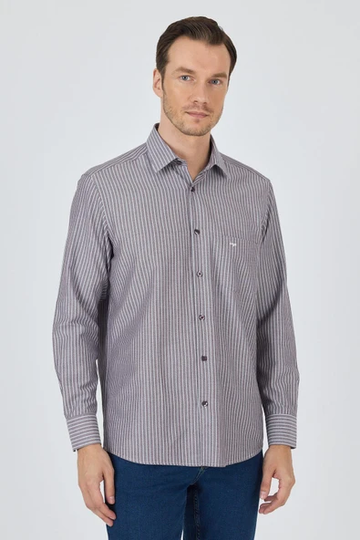 Uzun Kol Çizgili Desen Armürlü Sert Yaka cepli Pamuklu Classic Comfort Fit Gömlek 1004250173 - Resim 2