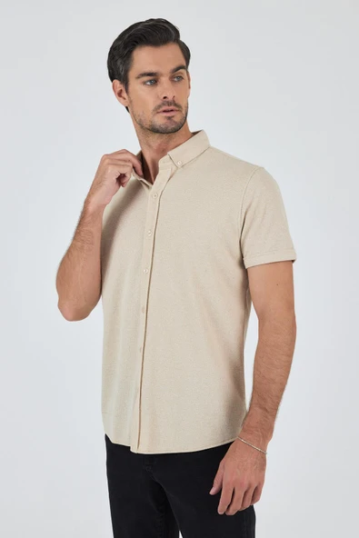 Bej Kısa Kol Düz Örme Düğmeli Yaka Cepsiz Pamuklu Classic Slim Fit Gömlek 1004250155_591 - Resim 3