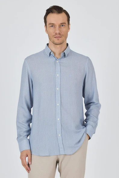 Koyu Mavi Uzun Kol Baskılı Cepsiz Keten Casual Slim Fit Gömlek 1004250112 ürün görseli