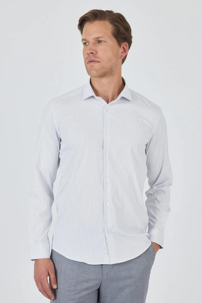 Uzun Kol Çizgili Desen Bez Ayağı İtalyan Yaka Cepsiz Esnek Classic Slim Fit Gömlek 1004250202 - Resim 3