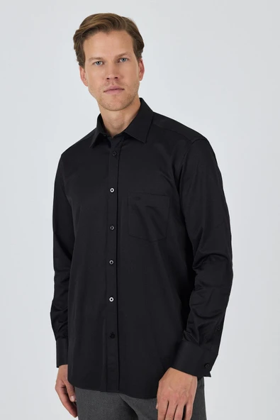 Uzun Kol Düz Bez Ayağı Sert Yaka cepli Pamuklu Classic Comfort Fit Gömlek 1004250210 - Resim 3