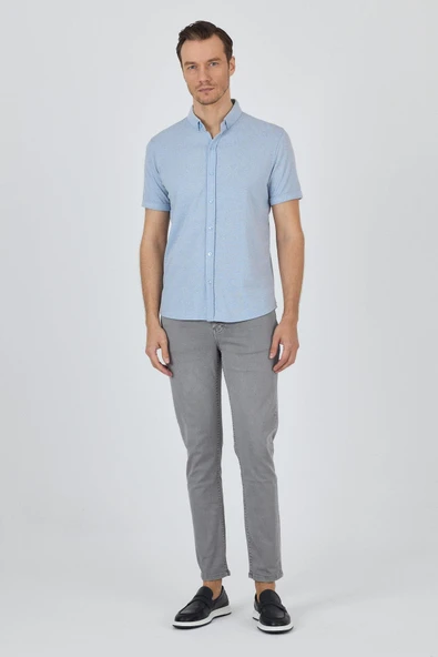 Koyu Mavi Kısa Kol Düz Örme Düğmeli Yaka Cepsiz Pamuklu Classic Slim Fit Gömlek 1004250155_300 - Resim 2