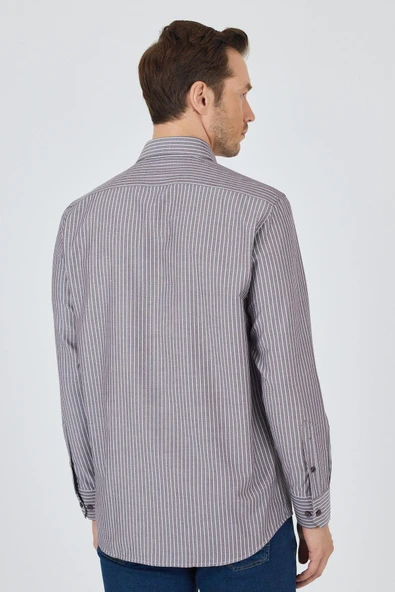 Uzun Kol Çizgili Desen Armürlü Sert Yaka cepli Pamuklu Classic Comfort Fit Gömlek 1004250173 - Resim 5