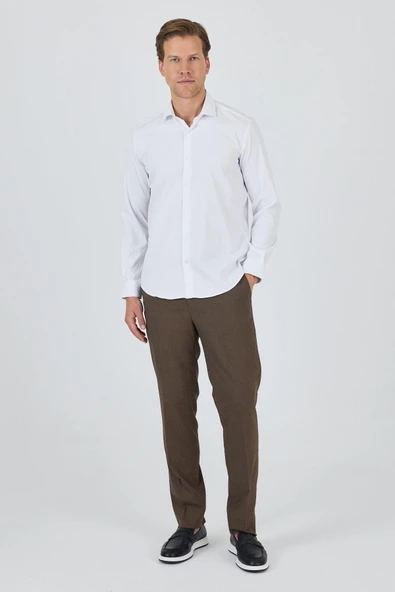 Uzun Kol Düz Bez Ayağı Sert Yaka Cepsiz Pamuklu Classic Slim Fit Gömlek 1004250160 - Resim 2