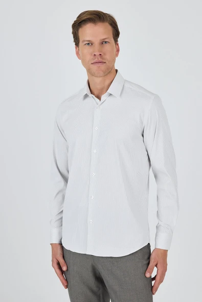 Beyaz-Gri Sert Yaka Cepsiz Gabardin Uzun Kol Slim Fit Esnek Gömlek 1004250231 - Resim 3