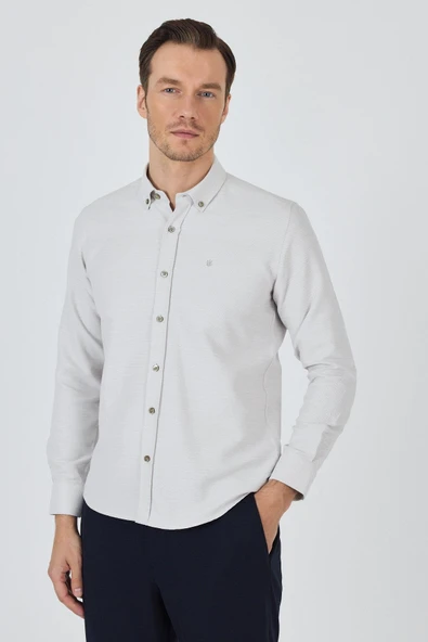 Uzun Kol Desenli Armürlü Düğmeli Yaka Cepsiz Pamuklu Classic Slim Fit Gömlek 1004250205 - Resim 2