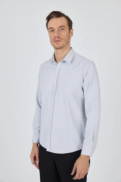 Uzun Kol Desenli Armürlü Sert Yaka Cepsiz Pamuklu Classic Slim Fit Gömlek 1004250184 - Resim 2