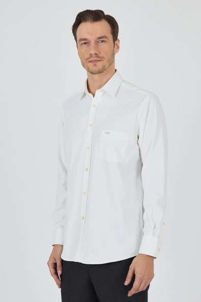 Uzun Kol Düz Bez Ayağı Sert Yaka cepli Pamuklu Classic Comfort Fit Gömlek 1004250210 - Resim 3