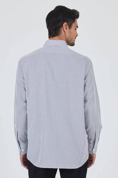 Uzun Kol Çizgili Desen Bez Ayağı Sert Yaka cepli Pamuklu Classic Comfort Fit Gömlek 1004250179 - Resim 5