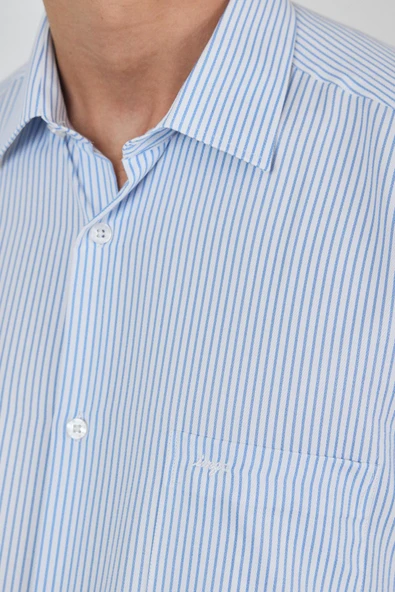 Beyaz-Mavi Uzun Kol Çizgili Desen Bez Ayağı Sert Yaka cepli Pamuklu Classic Comfort Fit Gömlek 1004250179 - Resim 4