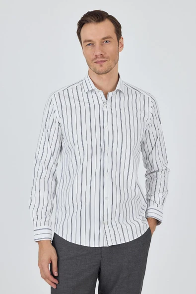 Uzun Kol Çizgili Desen Bez Ayağı İtalyan Yaka Cepsiz Esnek Classic Slim Fit Gömlek 1004250203