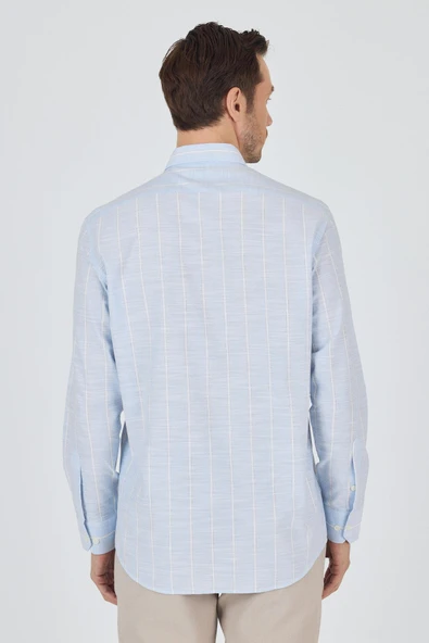 Uzun Kol Çizgili Desen Düğmeli Yaka cepli Classic Comfort Fit Gömlek 1004250189 - Resim 5