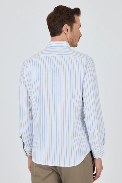Koyu Mavi Yarım İtalyan Yaka Çizgili Desen Casual Slim Fit Gömlek 1004250216 - Resim 5