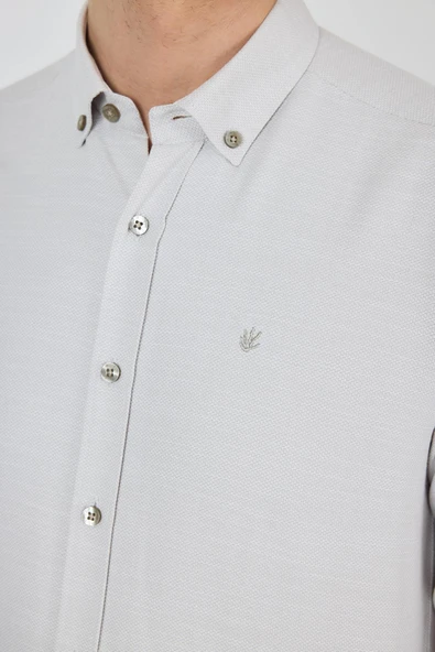 Uzun Kol Desenli Armürlü Düğmeli Yaka Cepsiz Pamuklu Classic Slim Fit Gömlek 1004250205 - Resim 4