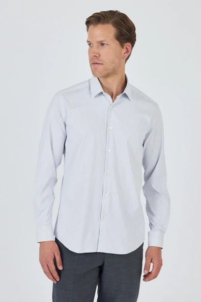 Beyaz-Mavi Sert Yaka Cepsiz Gabardin Uzun Kol Slim Fit Esnek Gömlek 1004250231 - Resim 2