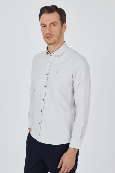 Uzun Kol Desenli Armürlü Düğmeli Yaka Cepsiz Pamuklu Classic Slim Fit Gömlek 1004250205 - Resim 3