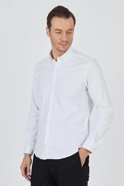 Uzun Kol Düz Bez Ayağı Düğmeli Yaka Cepsiz Pamuklu Casual Slim Fit Gömlek 1004250212 - Resim 3