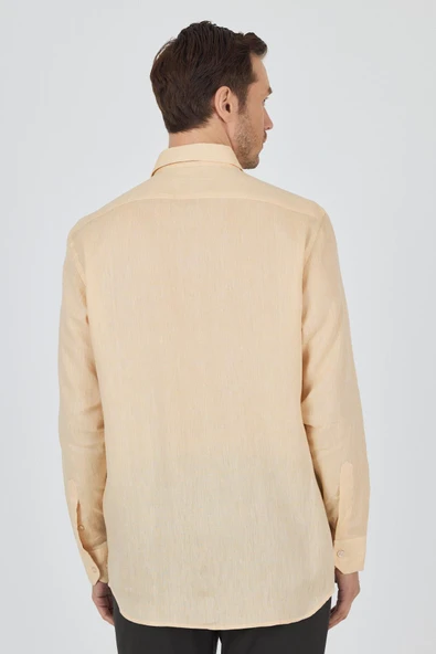 Uzun Kol Düz Keten Düğmeli Yaka Cepsiz Casual Comfort Fit Gömlek 1004250114 - Resim 5