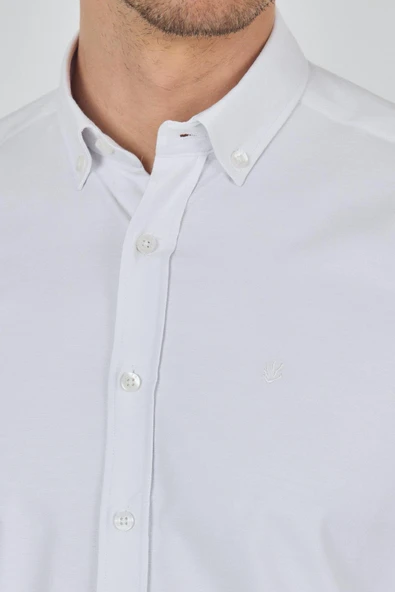 Uzun Kol Düz Bez Ayağı Düğmeli Yaka Cepsiz Pamuklu Casual Slim Fit Gömlek 1004250212 - Resim 4