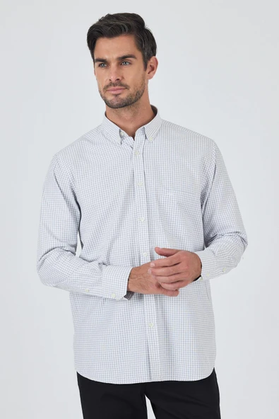 Uzun Kol Kareli Desen Bez Ayağı Düğmeli Yaka cepli Pamuklu Classic Comfort Fit Gömlek 1004250197