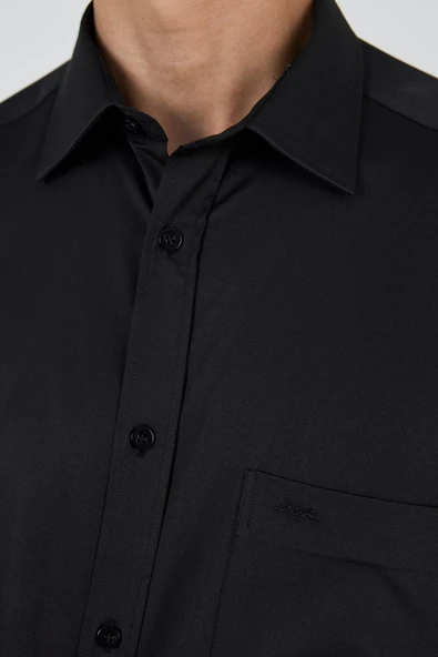 Uzun Kol Düz Bez Ayağı Sert Yaka cepli Pamuklu Classic Comfort Fit Gömlek 1004250210 - Resim 4