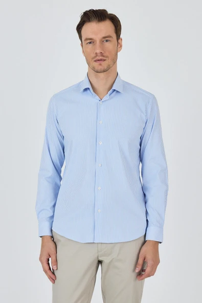 Uzun Kol Çizgili Desen Bez Ayağı İtalyan Yaka Cepsiz Esnek Classic Slim Fit Gömlek 1004250200