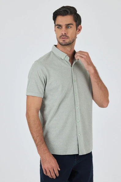Koyu Yeşil Kısa Kol Düz Örme Düğmeli Yaka Cepsiz Pamuklu Classic Slim Fit Gömlek 1004250155_700 - Resim 3