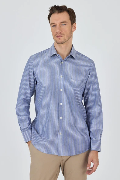 Uzun Kol Çizgili Desen Armürlü Sert Yaka cepli Pamuklu Classic Comfort Fit Gömlek 1004250173 - Resim 3