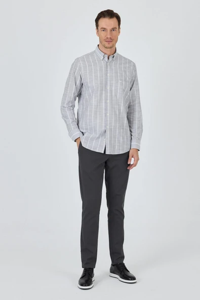 Uzun Kol Çizgili Desen Düğmeli Yaka cepli Classic Comfort Fit Gömlek 1004250189 - Resim 2