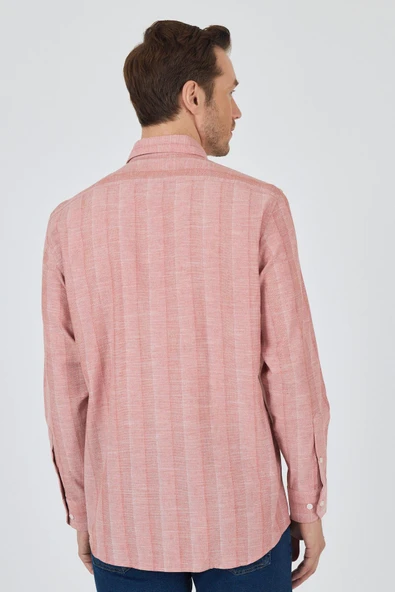 Uzun Kol Çizgili Desen Armürlü Düğmeli Yaka cepli Pamuklu Classic Comfort Fit Gömlek 1004250157 - Resim 5