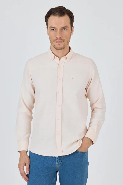 Uzun Kol Desenli Armürlü Düğmeli Yaka Cepsiz Pamuklu Classic Slim Fit Gömlek 1004250205