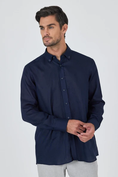 Uzun Kol Düz Keten Düğmeli Yaka Cepsiz Casual Comfort Fit Gömlek 1004250114 - Resim 3