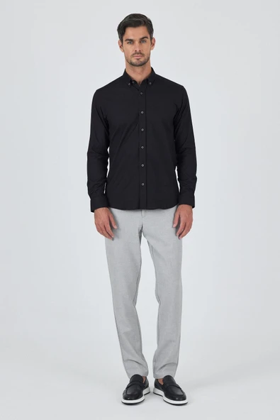 Uzun Kol Düz Bez Ayağı Düğmeli Yaka Cepsiz Pamuklu Casual Slim Fit Gömlek 1004250212 - Resim 2