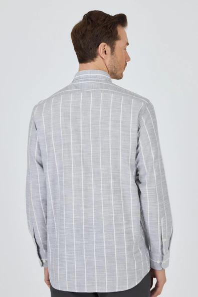 Uzun Kol Çizgili Desen Düğmeli Yaka cepli Classic Comfort Fit Gömlek 1004250189 - Resim 5