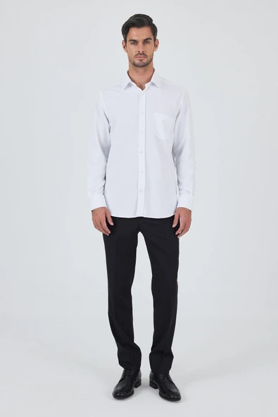 Uzun Kol Desenli Armürlü Sert Yaka cepli Pamuklu Classic Comfort Fit Gömlek 1004250178 - Resim 2