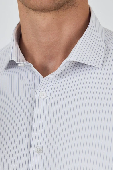 Uzun Kol Çizgili Desen Bez Ayağı İtalyan Yaka Cepsiz Esnek Classic Slim Fit Gömlek 1004250202 - Resim 4