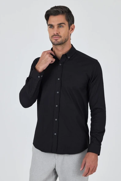 Uzun Kol Düz Bez Ayağı Düğmeli Yaka Cepsiz Pamuklu Casual Slim Fit Gömlek 1004250212 - Resim 3