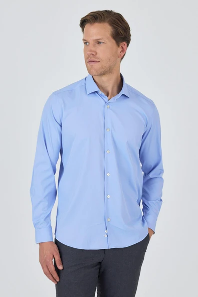 Uzun Kol Düz Bez Ayağı Sert Yaka Cepsiz Pamuklu Classic Slim Fit Gömlek 1004250160 - Resim 3