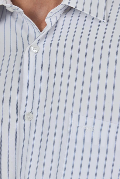 Uzun Kol Çizgili Desen Bez Ayağı Sert Yaka cepli Pamuklu Classic Comfort Fit Gömlek 1004250192 - Resim 4