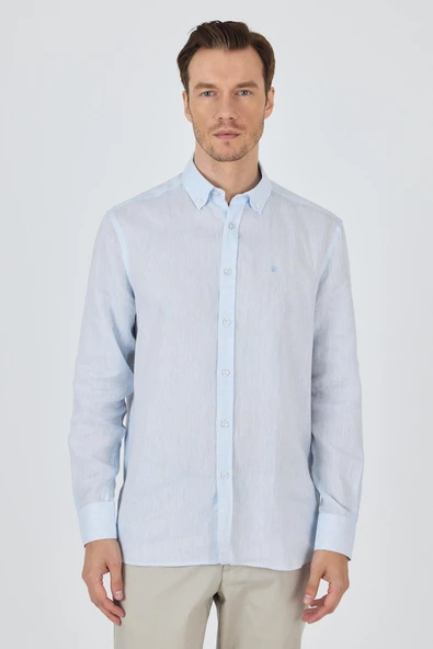 Uzun Kol Düz Keten Düğmeli Yaka Cepsiz Casual Comfort Fit Gömlek 1004250114