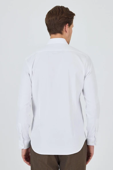 Uzun Kol Düz Bez Ayağı Sert Yaka Cepsiz Pamuklu Classic Slim Fit Gömlek 1004250160 - Resim 4