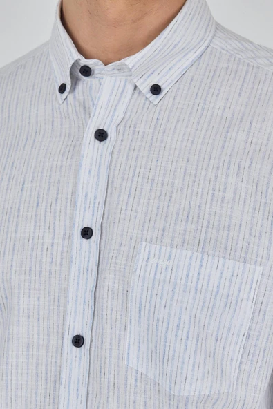 Uzun Kol Çizgili Desen Bez Ayağı Düğmeli Yaka cepli Pamuklu Casual Comfort Fit Gömlek 1004250100 - Resim 4